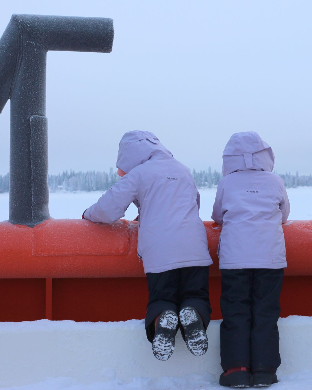 Dos niños asomados a la barandilla de un rompehielos sobre el mar helado